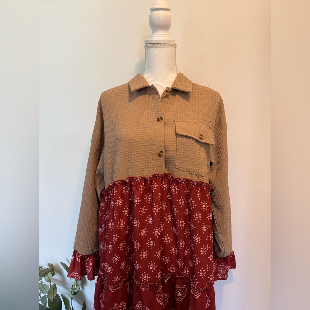 🤎 Dark Terra Cotta & Tan Midi Dress 🤎 - Picture 5 of 5